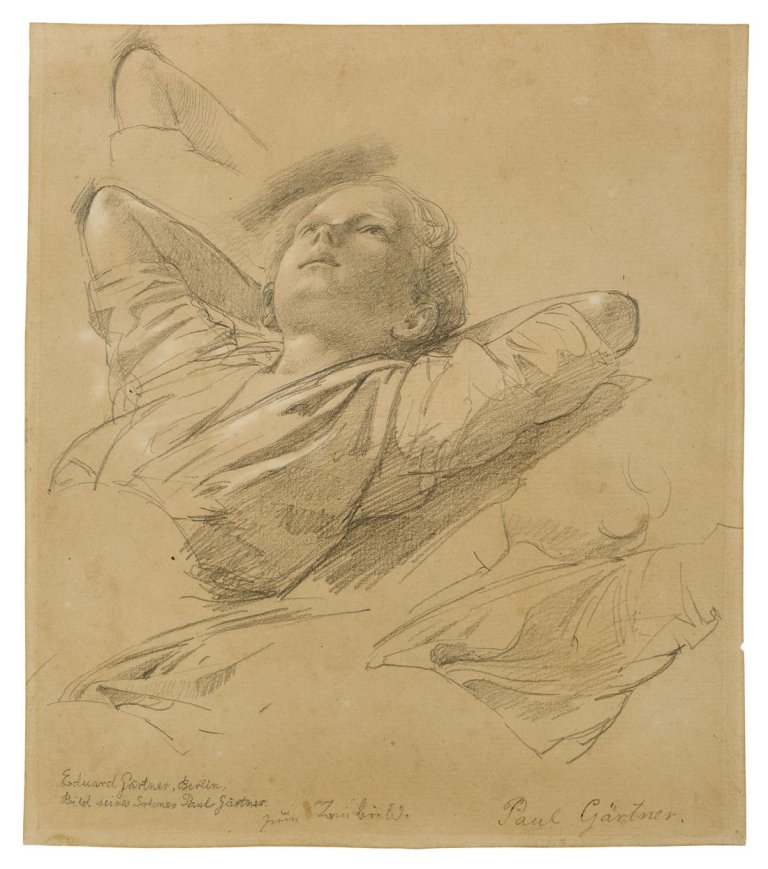 Auf diesem Bild ist das folgende Kunstwerk zu sehen: Eduard Gaertner. Studien zum Brustbild eines liegenden Jungen (Paul Gärtner). Um 1845/50.