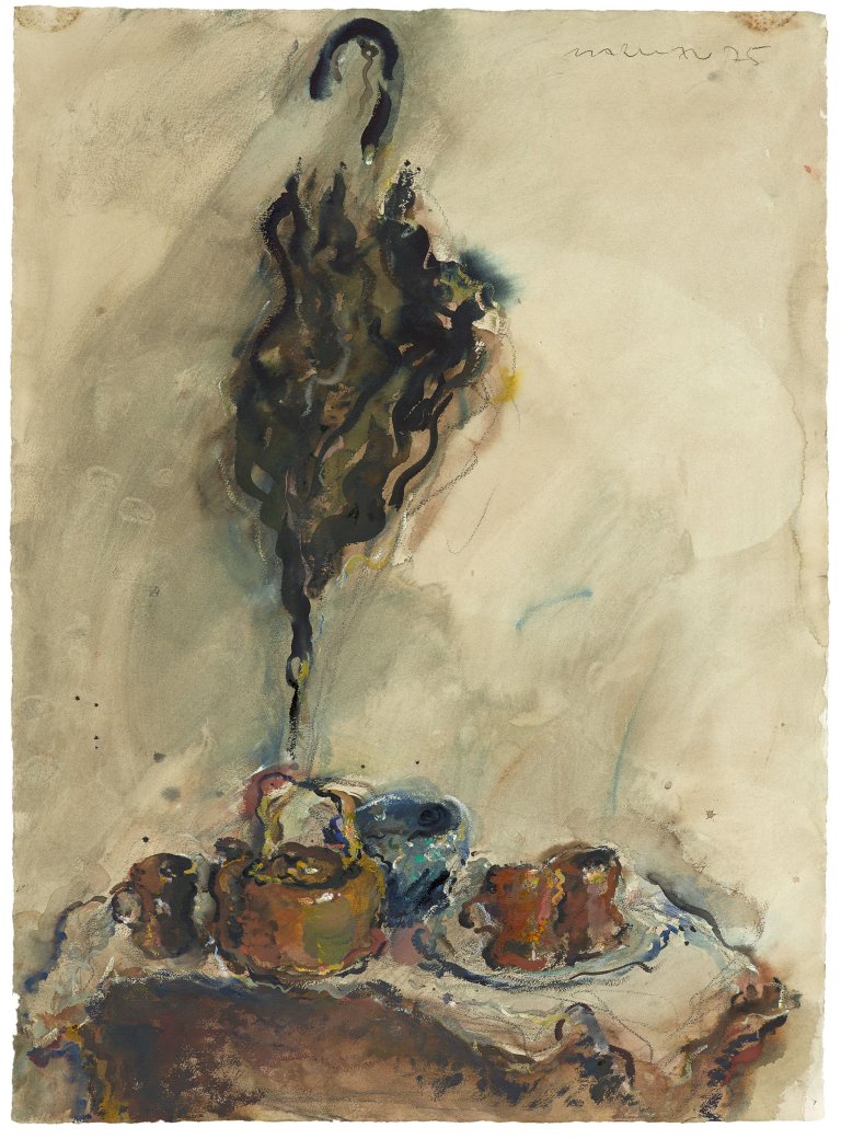 Auf diesem Bild ist das folgende Kunstwerk zu sehen:  Marwan. Tischstillleben und Regenschirm. 1975.