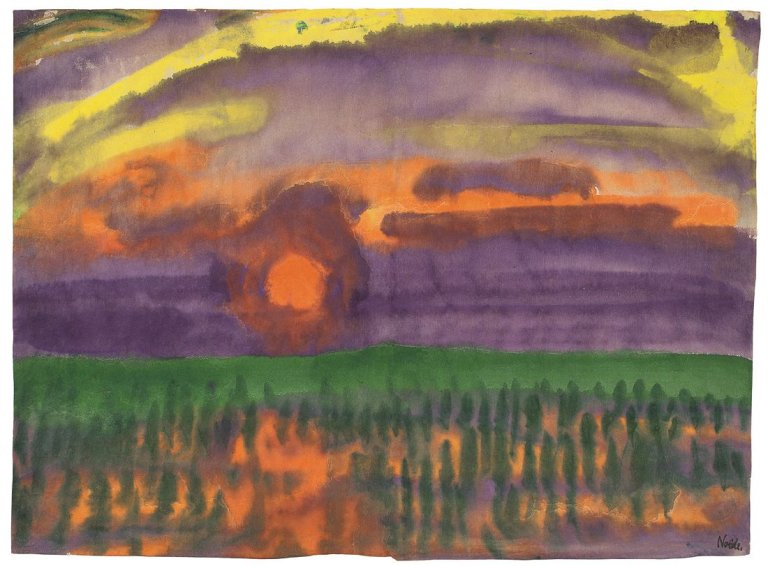 This picture shows the following artwork: Emil Nolde. Untergehende Sonne über dem Watt.
