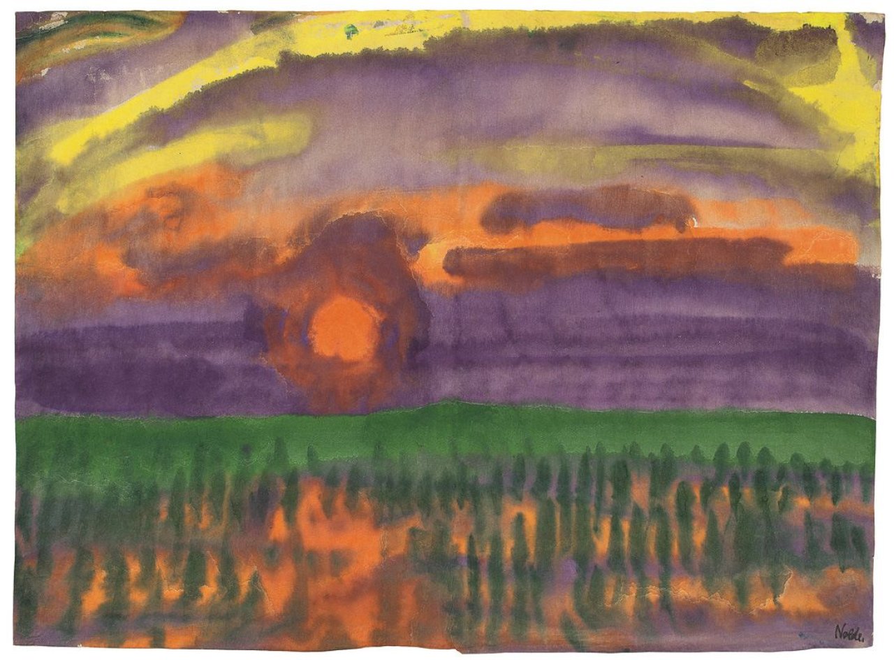 This picture shows the following artwork: Emil Nolde. Untergehende Sonne über dem Watt.