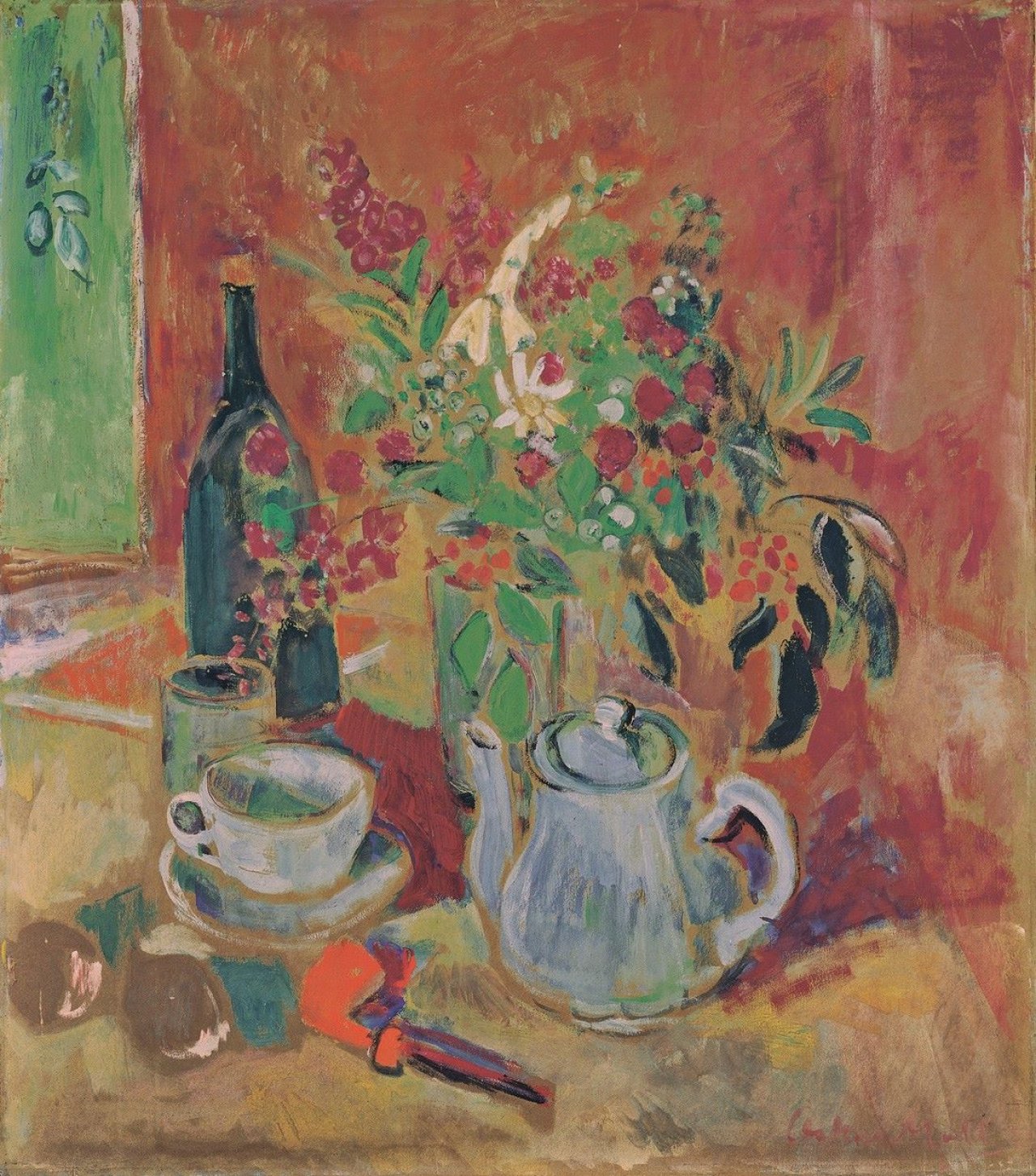 Auf diesem Bild ist das folgende Kunstwerk zu sehen: Oskar Moll. „Stilleben mit Blumenstrauß, Kanne und Pfeife“. 1922.