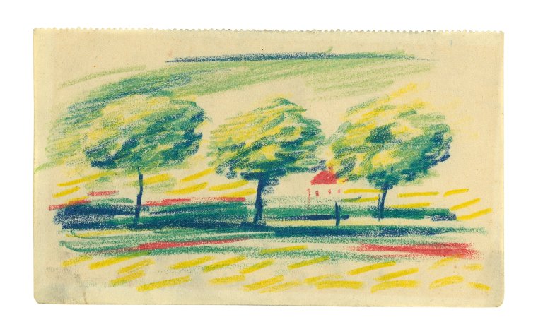 Auf diesem Bild ist das folgende Kunstwerk zu sehen: August Macke. „Drei Bäume und Haus“. 1912.