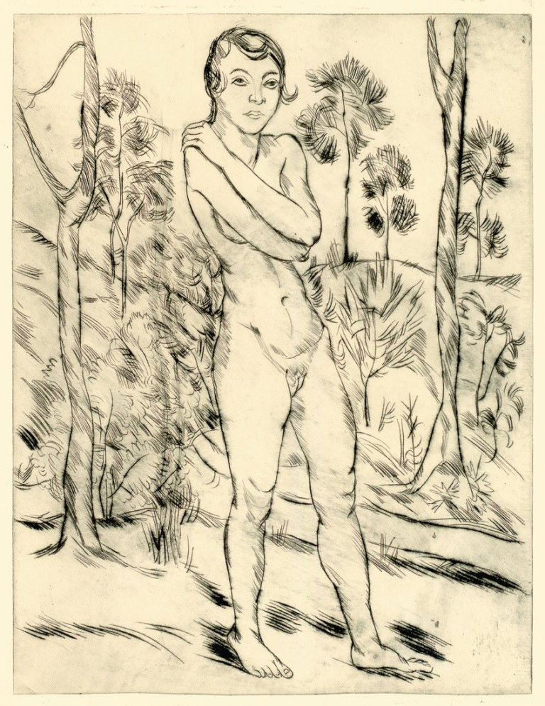 Auf diesem Bild ist das folgende Kunstwerk zu sehen: Georg Tappert. „Stehender Mädchenakt vor Bäumen“. 1927.