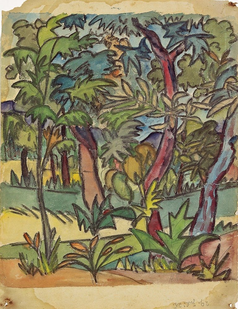 Auf diesem Bild ist das folgende Kunstwerk zu sehen: Hermann Hesse. Tessiner Landschaft (Bäume). 1925.