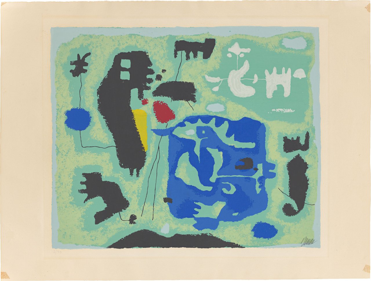 Auf diesem Bild ist das folgende Kunstwerk zu sehen: Willi Baumeister. „Komposition in Grün“. 1954.