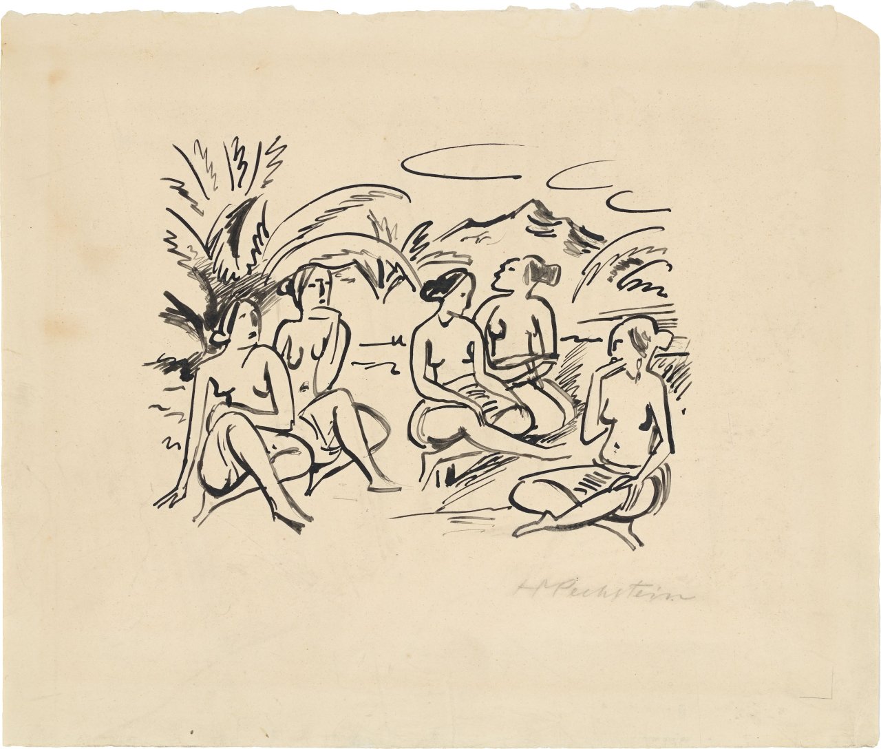 Auf diesem Bild ist das folgende Kunstwerk zu sehen: Max Pechstein. „Fünf sitzende Palauerinnen“. 1918/19.