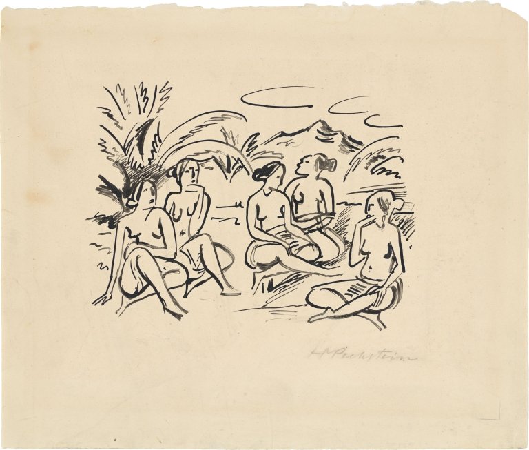 Auf diesem Bild ist das folgende Kunstwerk zu sehen: Max Pechstein. „Fünf sitzende Palauerinnen“. 1918/19.