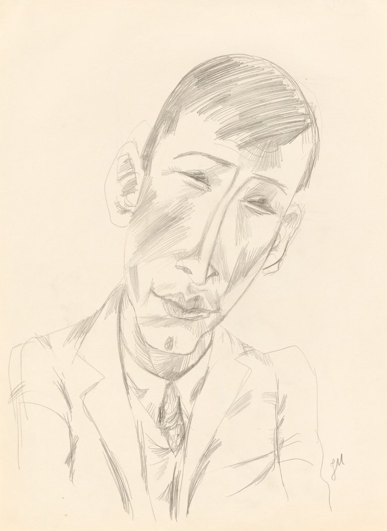 Auf diesem Bild ist das folgende Kunstwerk zu sehen: Jeanne Mammen. „Brustbild eines Mannes mit schmalem Gesicht von vorn“. Um 1935-40.