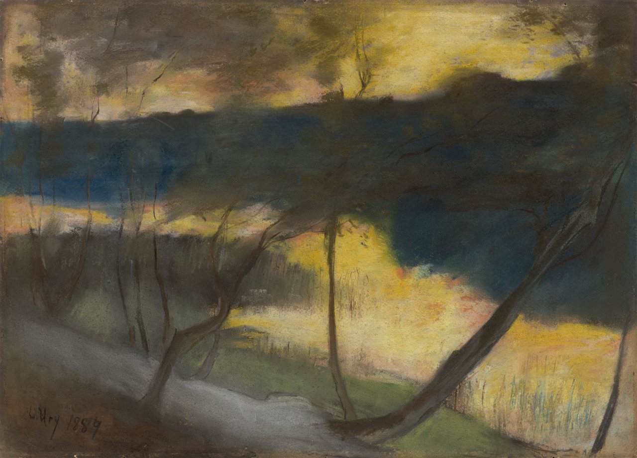 Auf diesem Bild ist das folgende Kunstwerk zu sehen: Lesser Ury. Abendstimmung am See. 1889.