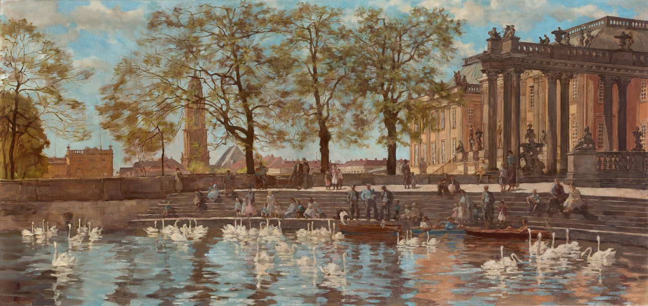 Auf diesem Bild ist das folgende Kunstwerk zu sehen: Lotte Laserstein. „Potsdamer Stadtschloss mit Schwanenteich“. 1929/30.