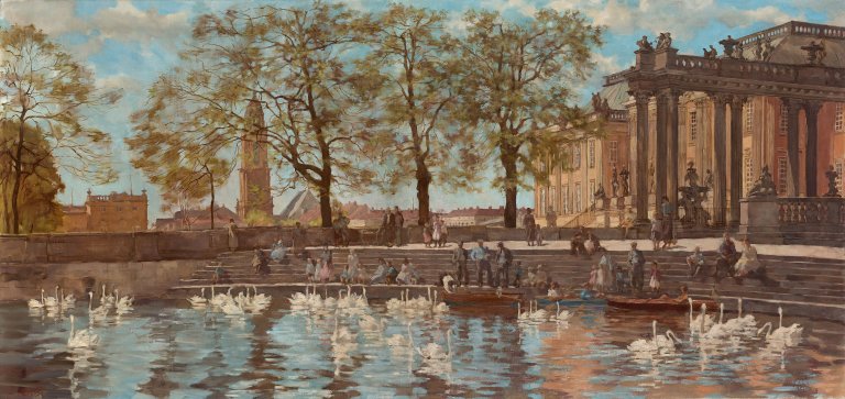 Auf diesem Bild ist das folgende Kunstwerk zu sehen: Lotte Laserstein. „Potsdamer Stadtschloss mit Schwanenteich“. 1929/30.