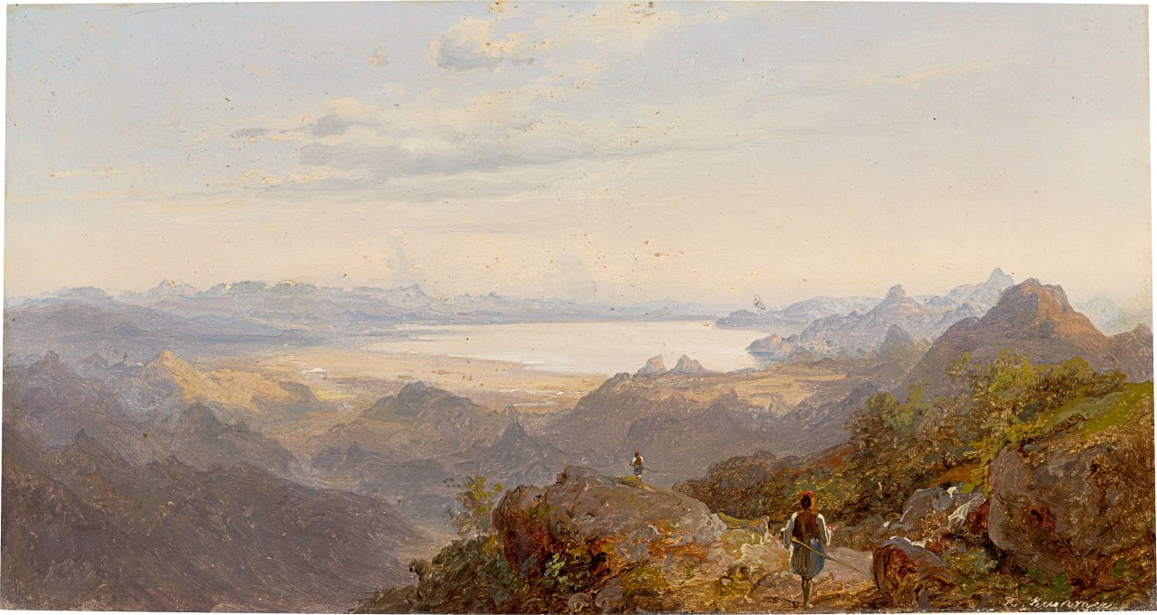 Auf diesem Bild ist das folgende Kunstwerk zu sehen: Carl Robert Kummer. In der Nähe von Cettinje in Montenegro, Blick auf den Skutarisee in Albanien. Um 1847/48.