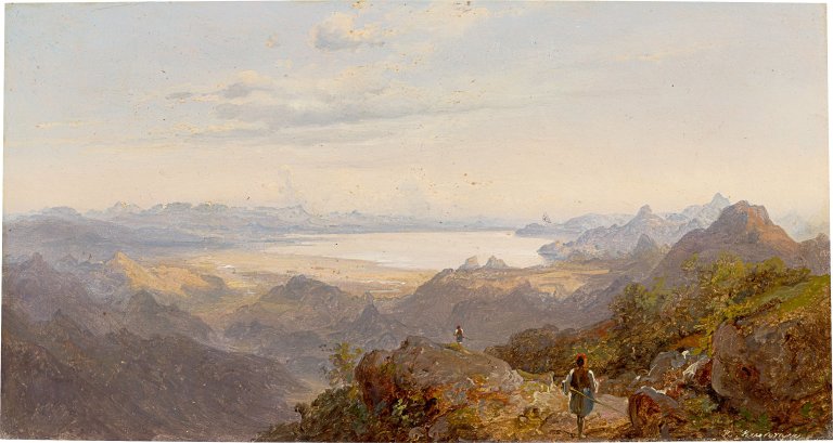 Auf diesem Bild ist das folgende Kunstwerk zu sehen: Carl Robert Kummer. In der Nähe von Cettinje in Montenegro, Blick auf den Skutarisee in Albanien. Um 1847/48.
