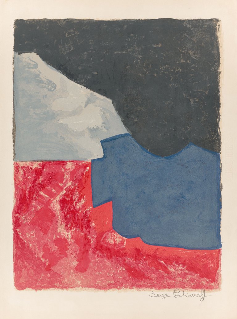Auf diesem Bild ist das folgende Kunstwerk zu sehen: Serge Poliakoff. „Komposition in Rot, Grau und Schwarz“. 1960.