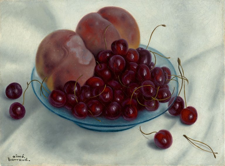 Auf diesem Bild ist das folgende Kunstwerk zu sehen: Aimé Barraud. Nature morte aux peches et cerises.