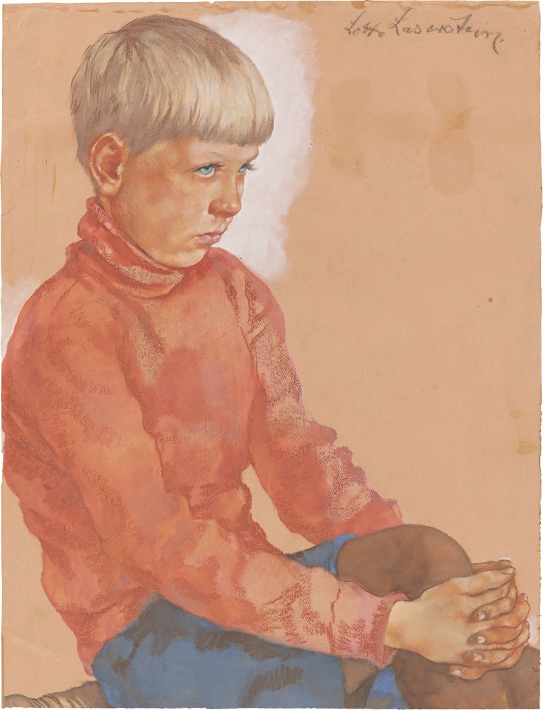 Auf diesem Bild ist das folgende Kunstwerk zu sehen: Lotte Laserstein. „Sitzender Junge, das Knie umfassend“. Um 1933.