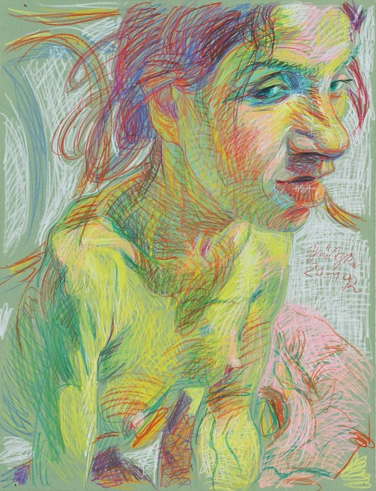 Auf diesem Bild ist das folgende Kunstwerk zu sehen: Johannes Grützke. Halbakt. 1992.