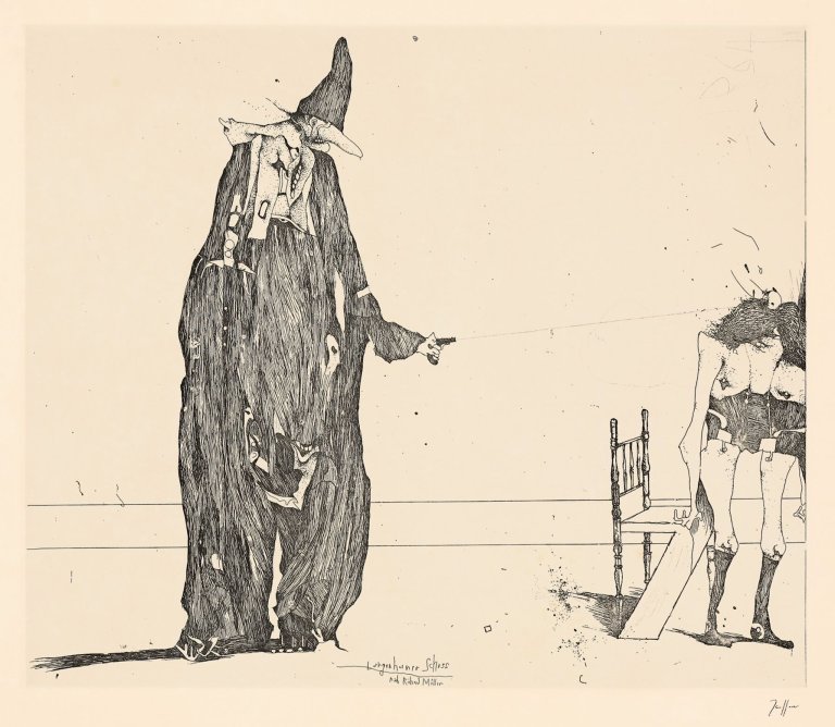 Auf diesem Bild ist das folgende Kunstwerk zu sehen: Horst Janssen. „Langenhorner Schuss“/„Selbst blöd für Griffelkunst“. 1964/1968.