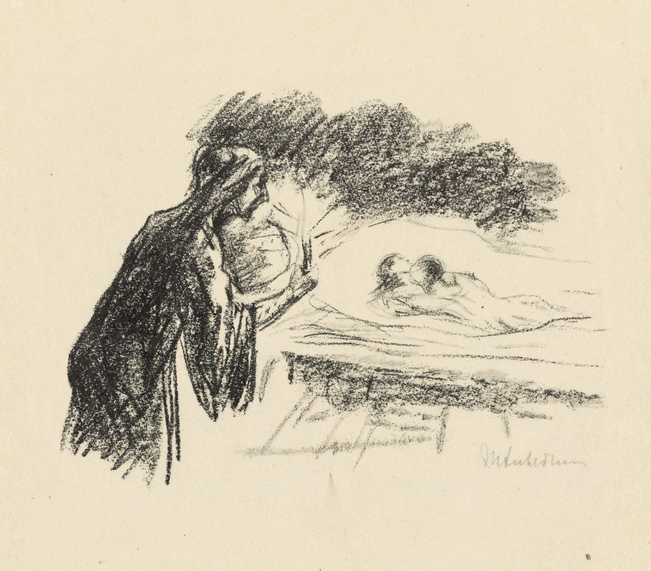 This picture shows the following artwork: Max Liebermann. „Die Braut von Korinth 3 (Die Mutter der Braut belauscht das Liebespaar)“. 1924.