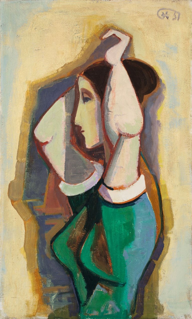 Auf diesem Bild ist das folgende Kunstwerk zu sehen: Karl Hofer. „Mädchen mit erhobenen Armen“. 1951.
