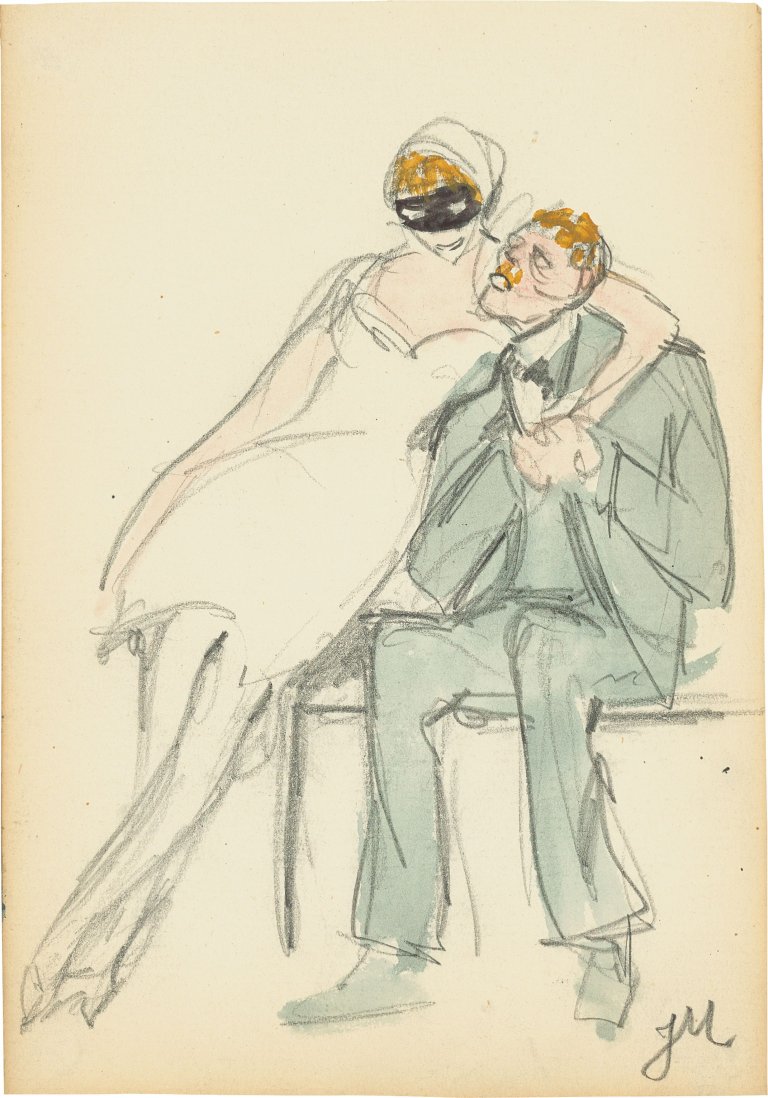 Auf diesem Bild ist das folgende Kunstwerk zu sehen: Jeanne Mammen. Mann und Frau mit Maske. 1928.