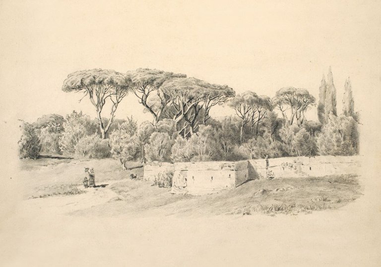 Auf diesem Bild ist das folgende Kunstwerk zu sehen: Carl Hummel. Bei Olevano. Um 1845.