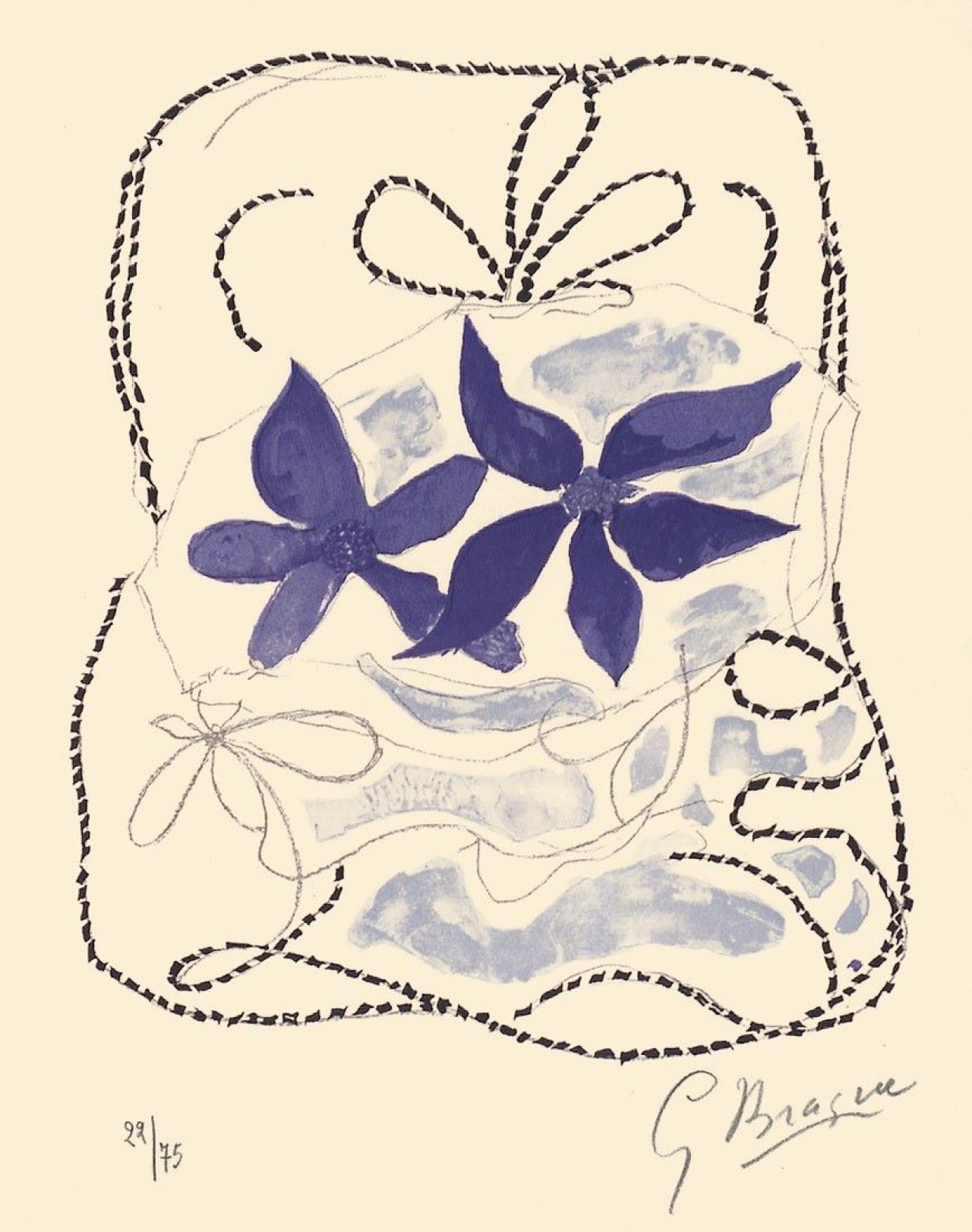 Auf diesem Bild ist das folgende Kunstwerk zu sehen: Georges Braque. „Les deux Iris bleus (Aus: Lettera amorosa)“. 1963.