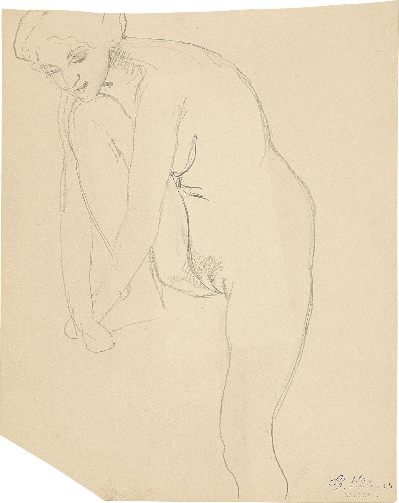 Auf diesem Bild ist das folgende Kunstwerk zu sehen: Max Klinger. Zwei Zeichnungen: Weiblicher Akt mit den Händen den Fuß umfassend (Gertrud Bock) / Weiblicher Akt mit angewinkeltem Bein (Gertrud Bock). Um 1910.