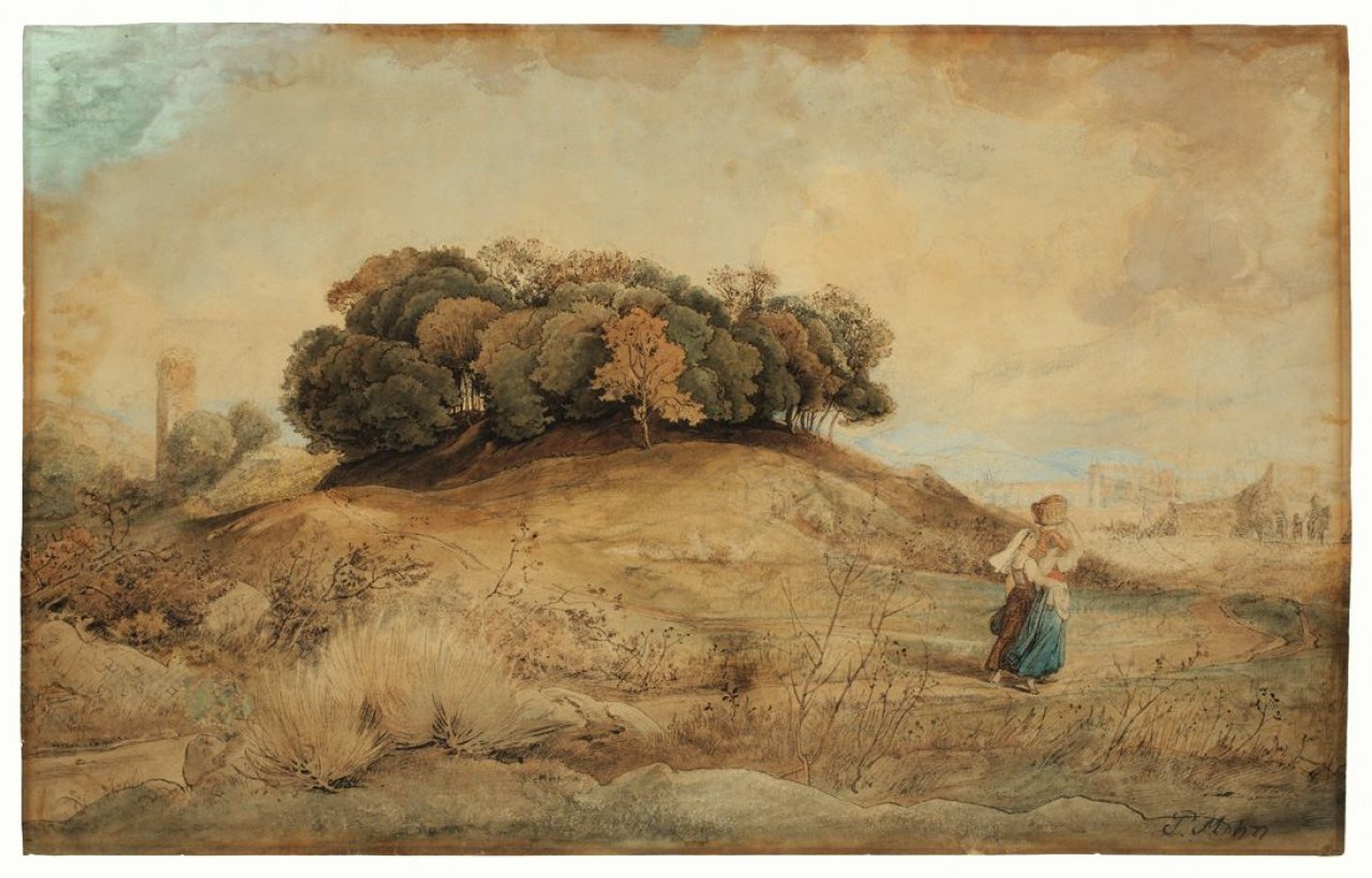 Auf diesem Bild ist das folgende Kunstwerk zu sehen: Viktor Paul Mohn. Der Hain der Egeria bei Rom. Um 1869.