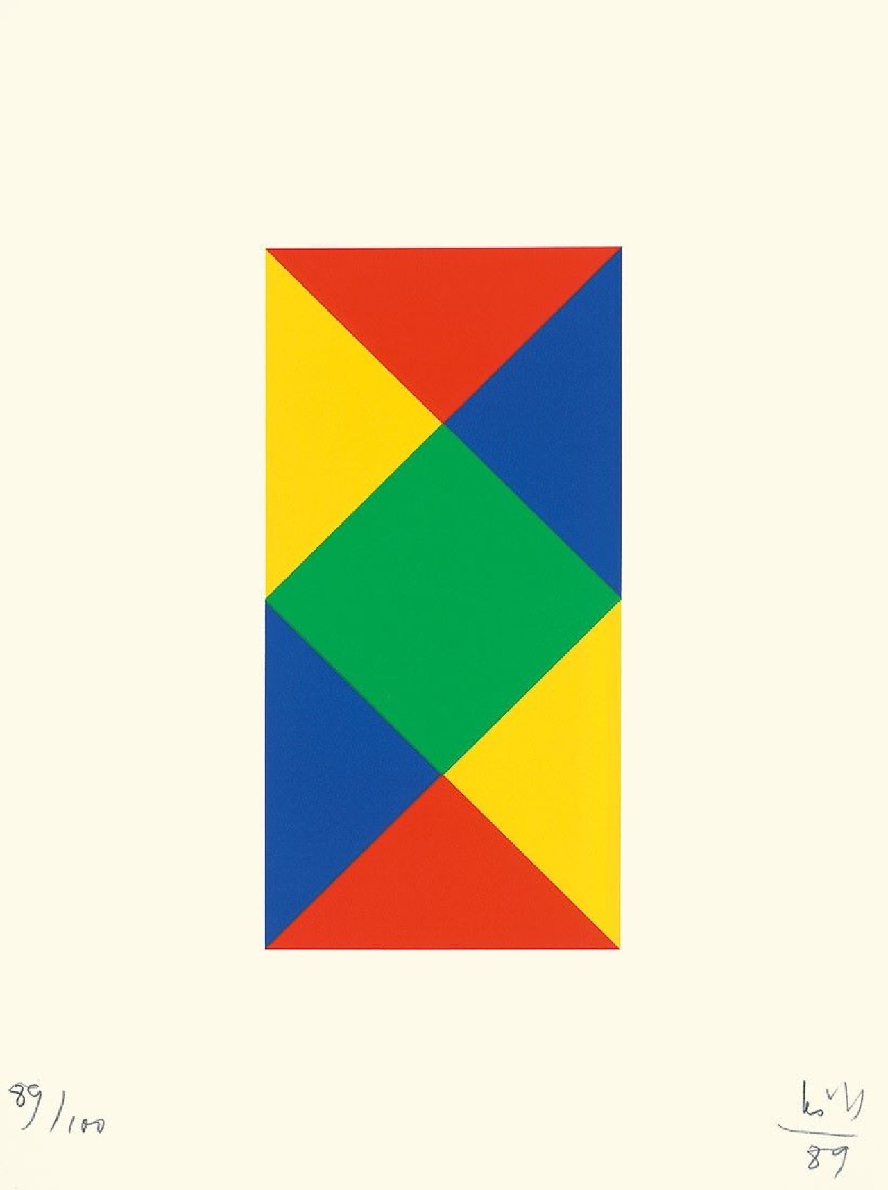 Auf diesem Bild ist das folgende Kunstwerk zu sehen: Max Bill. „Vier quantengleiche Variationen - Aus Blau und Gelb wird Rot und Grün“. 1989.