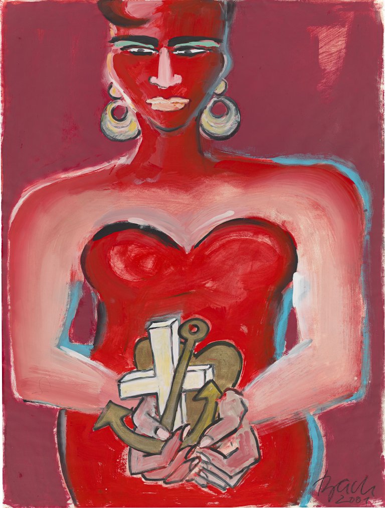 Auf diesem Bild ist das folgende Kunstwerk zu sehen: Elvira Bach. Mit Anker, Kreuz und Herz. 2001.