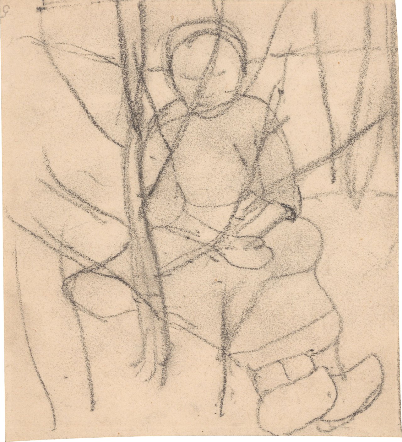 Auf diesem Bild ist das folgende Kunstwerk zu sehen: Paula Modersohn-Becker. „Sitzendes Mädchen hinter kahlem Baum“. Um 1903.
