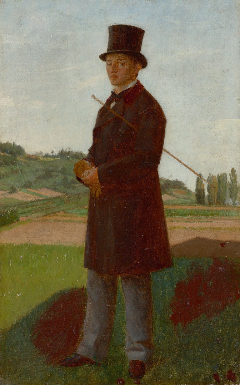 Auf diesem Bild ist das folgende Kunstwerk zu sehen:  Deutsch, um 1840. Junger Mann mit Zylinder und Spazierstock.