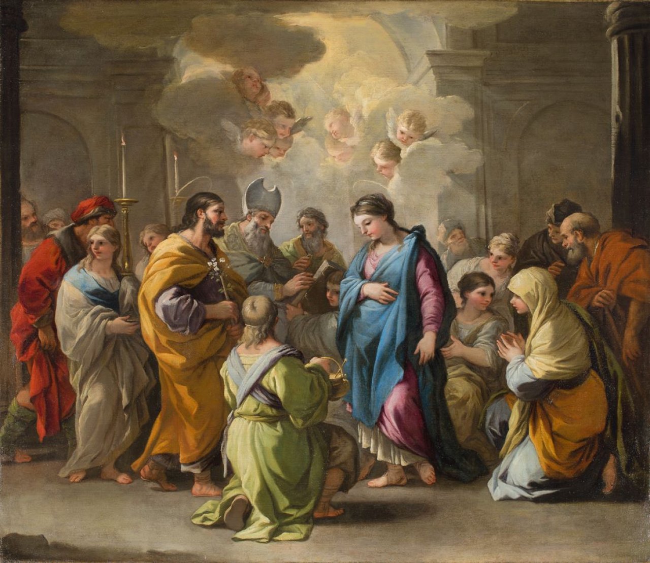 Auf diesem Bild ist das folgende Kunstwerk zu sehen: Werkstatt des Luca Giordano. Die Vermählung Mariä mit Joseph im Tempel. Kurz vor 1690.