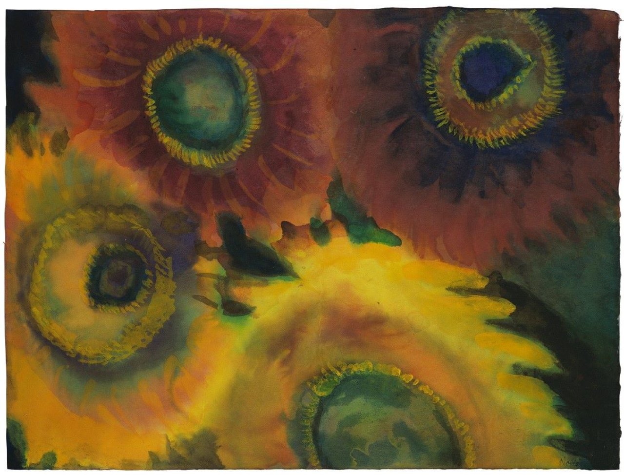 This picture shows the following artwork: Emil Nolde. „Vier Sonnenblumen“. Um 1935.