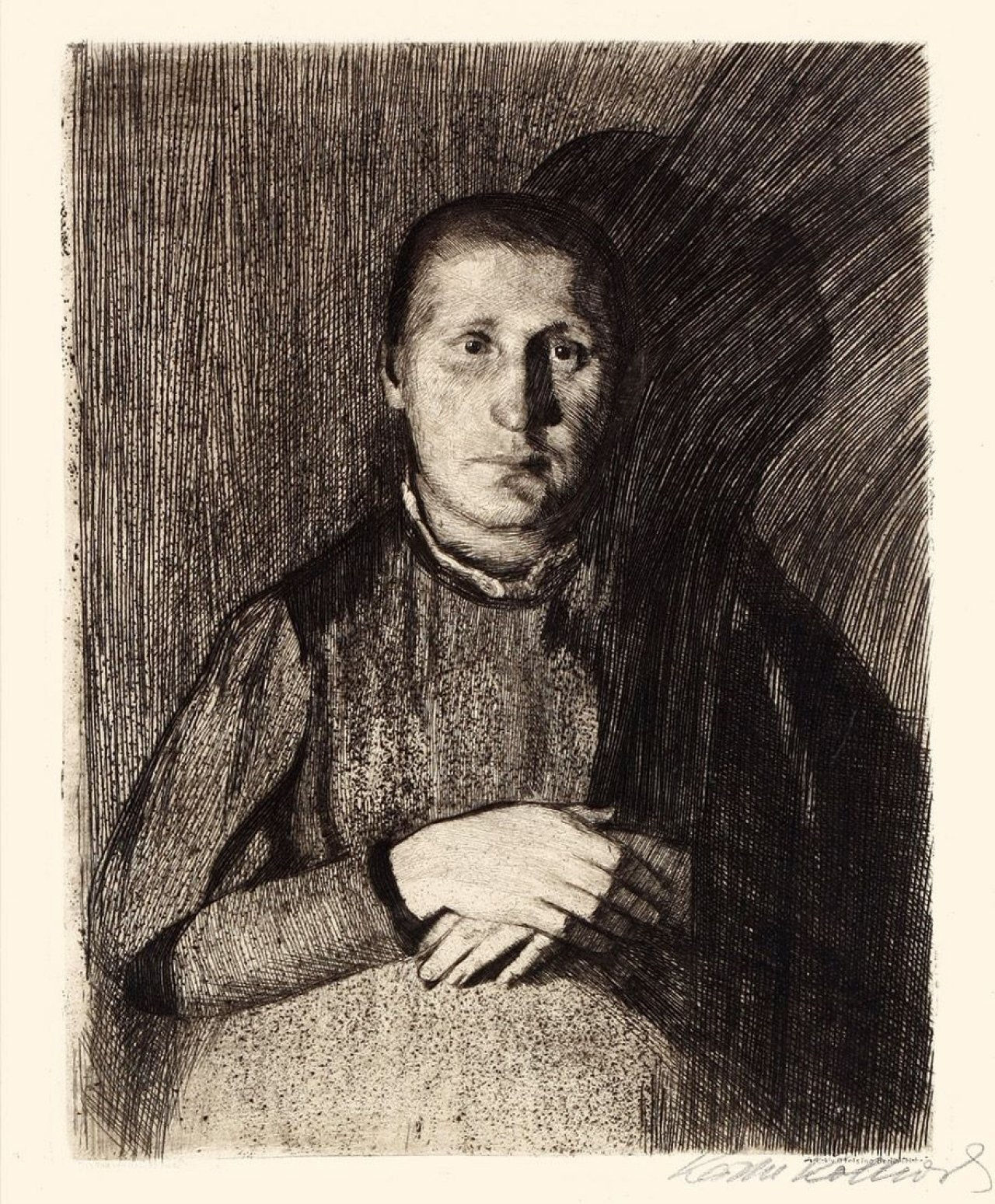 Auf diesem Bild ist das folgende Kunstwerk zu sehen: Käthe Kollwitz. „Frau mit übereinandergelegten Händen“. 1898.