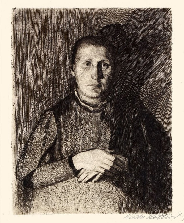 Auf diesem Bild ist das folgende Kunstwerk zu sehen: Käthe Kollwitz. „Frau mit übereinandergelegten Händen“. 1898.