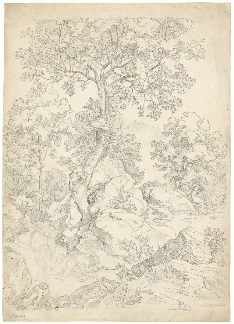 Auf diesem Bild ist das folgende Kunstwerk zu sehen: Heinrich Reinhold. Rastender Reiter in der Serpentara, mit Blick auf Civitella.
