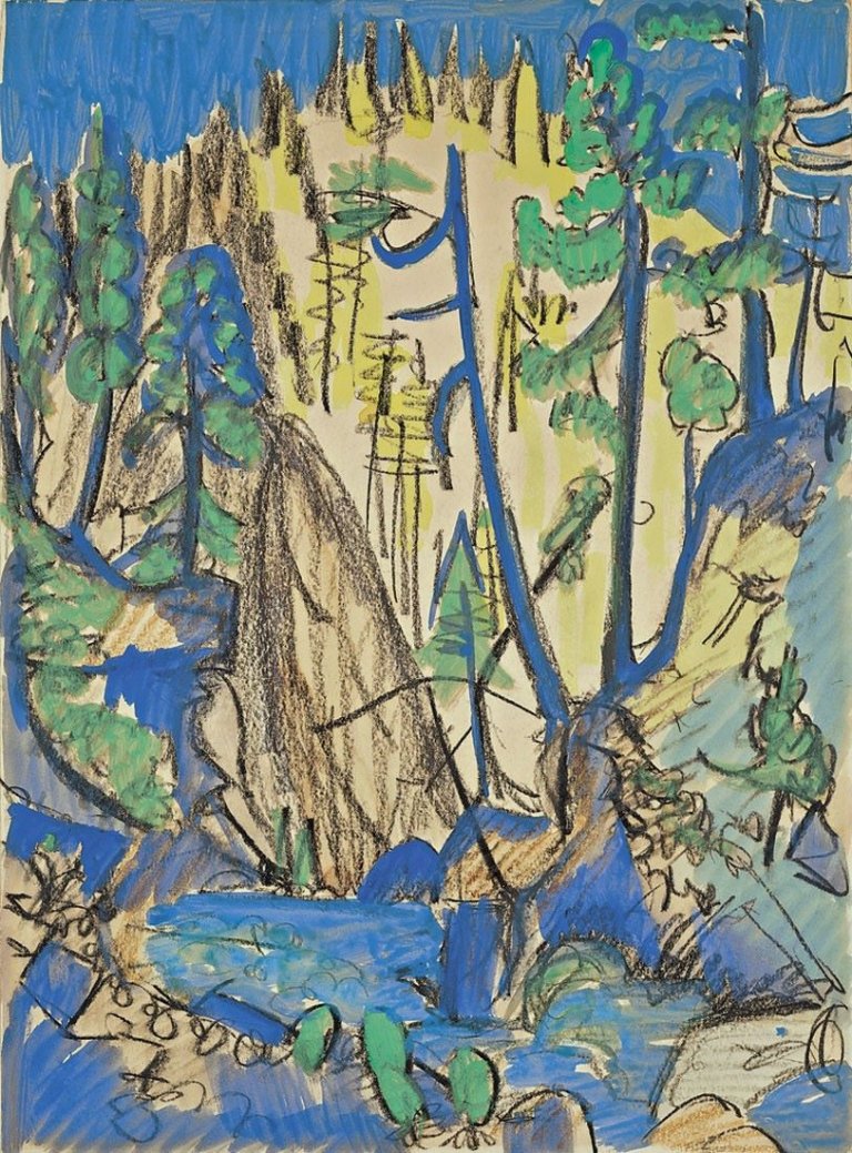 Auf diesem Bild ist das folgende Kunstwerk zu sehen: Ernst Ludwig Kirchner. Blick ins Tobel. Um 1920.