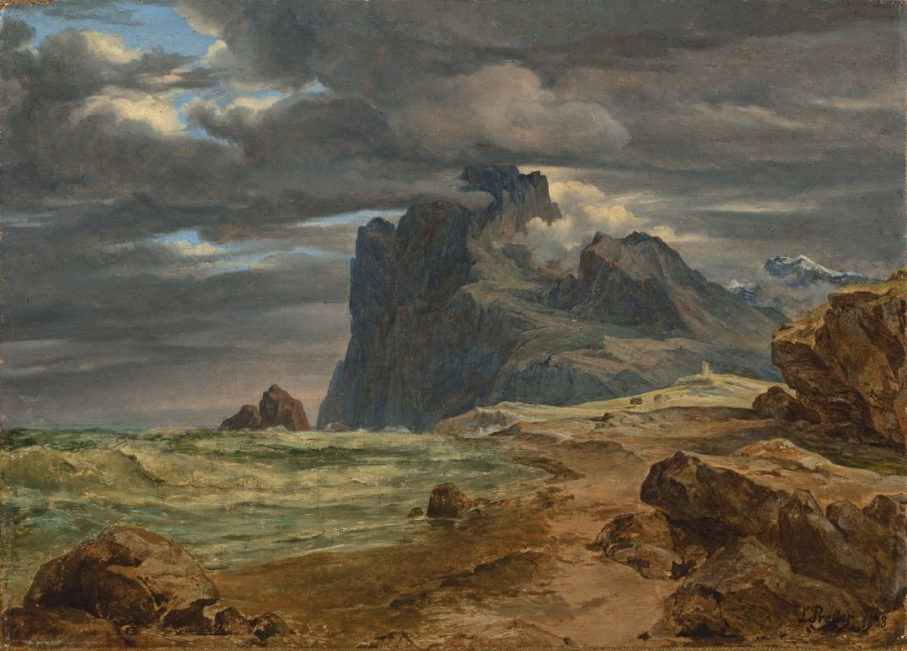 Auf diesem Bild ist das folgende Kunstwerk zu sehen: Friedrich Preller d. Ä.. Brandung an der Felsenküste. 1838.