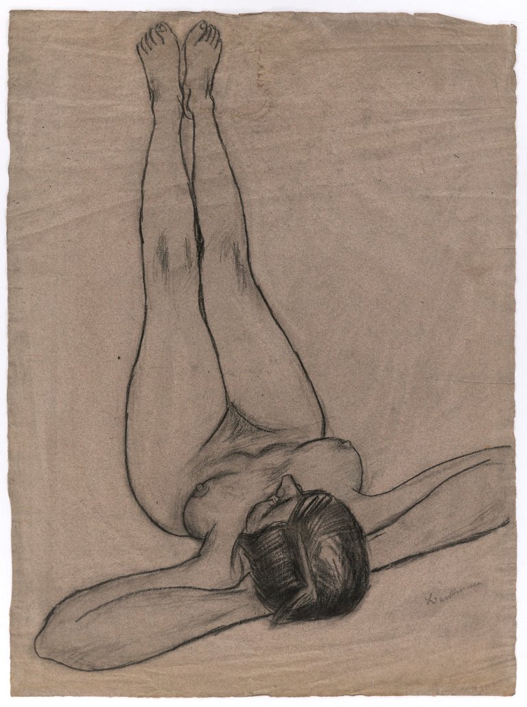 Auf diesem Bild ist das folgende Kunstwerk zu sehen: Max Beckmann. „Auf dem Rücken liegender weiblicher Akt mit nach oben gestreckten Beinen (Betty?)“. Wohl um 1927.
