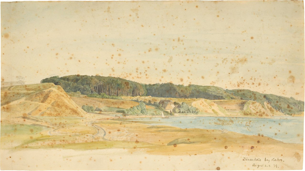 Auf diesem Bild ist das folgende Kunstwerk zu sehen: Jacob Gensler. „Dänenkate bey Laboe“. 1834.