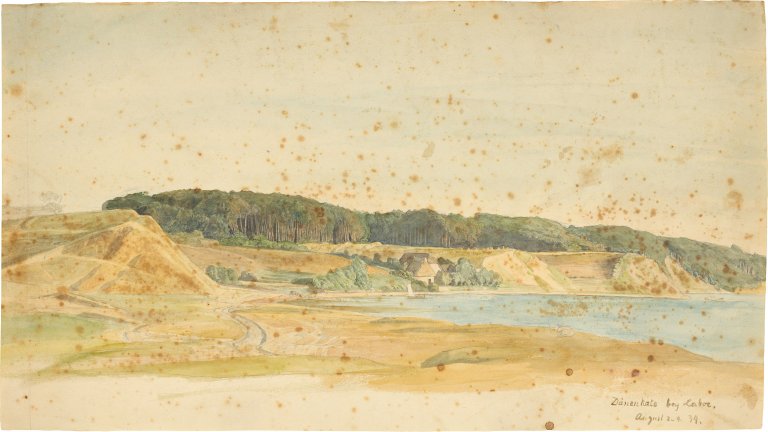 Auf diesem Bild ist das folgende Kunstwerk zu sehen: Jacob Gensler. „Dänenkate bey Laboe“. 1834.