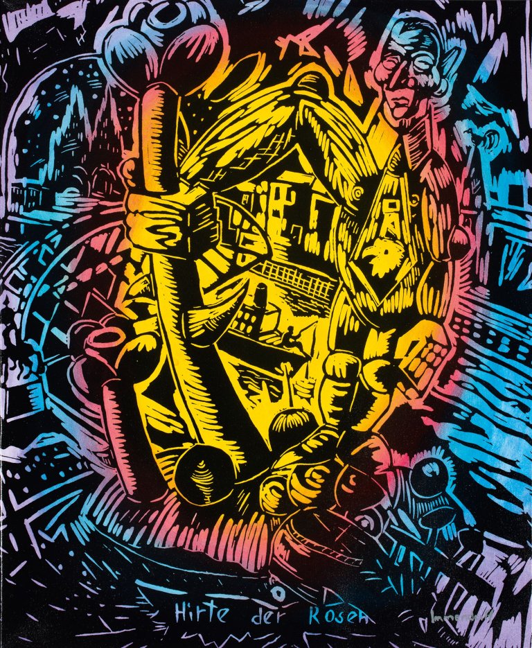 Auf diesem Bild ist das folgende Kunstwerk zu sehen: Jörg Immendorff. „Hirte der Rosen“. 1989/2003.