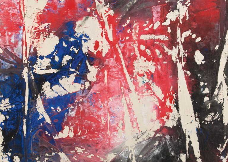 Auf diesem Bild ist das folgende Kunstwerk zu sehen: Fred Thieler. „Rot/Blauer Kontrast“. 1986.