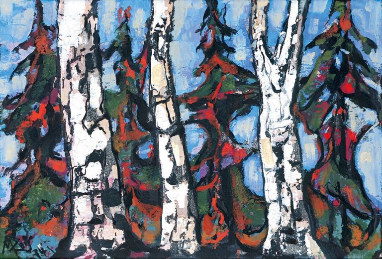 Auf diesem Bild ist das folgende Kunstwerk zu sehen: Max Kaus. „Fichtelgebirge - Birken am Weg“. 1974.