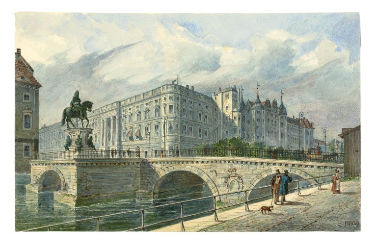 Auf diesem Bild ist das folgende Kunstwerk zu sehen: Friedrich Wilhelm Klose. Das Berliner Schloß mit der Langen Brücke. 1840er Jahre.