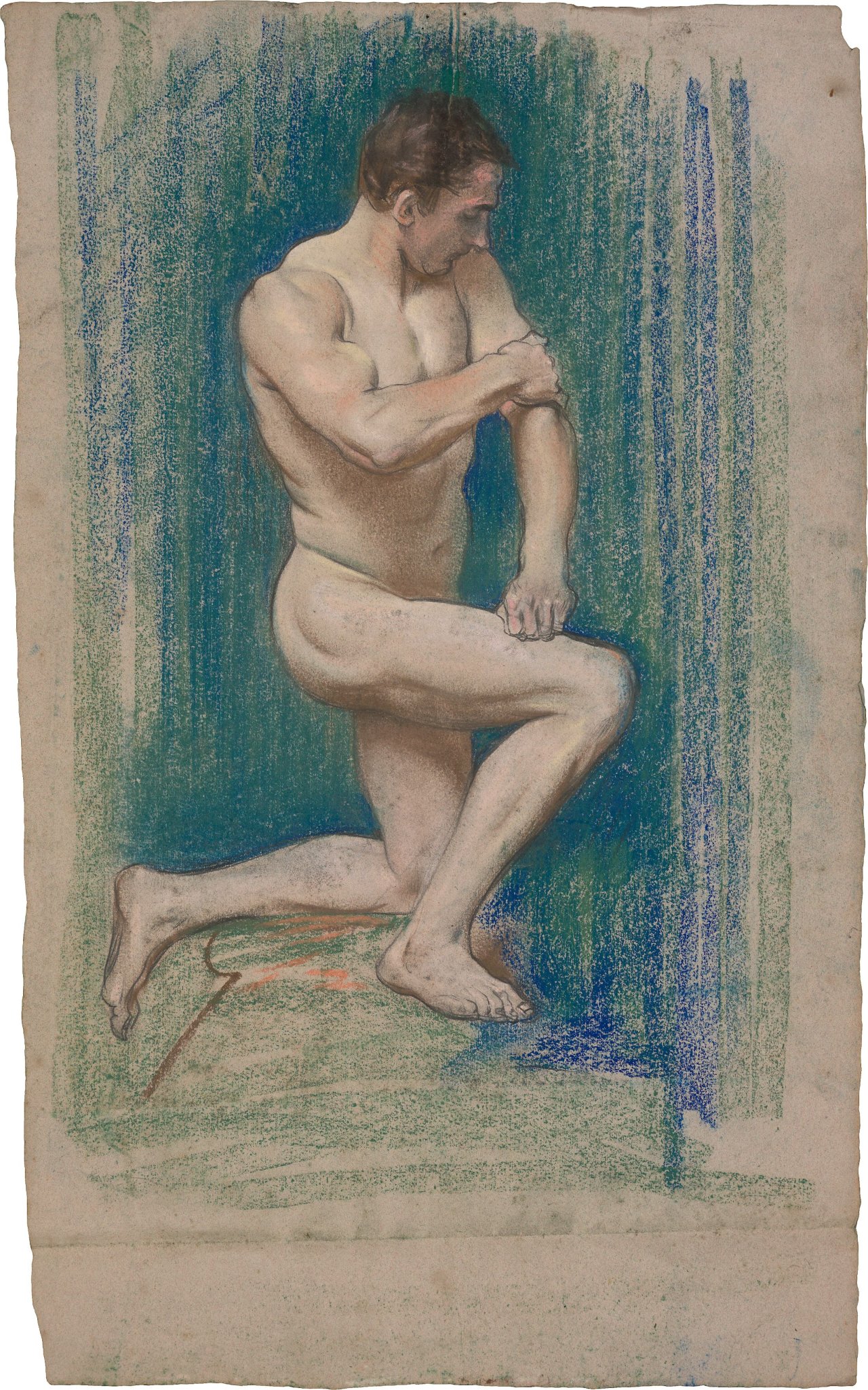 Auf diesem Bild ist das folgende Kunstwerk zu sehen: Osmar Schindler. Knieender, männlicher Akt.