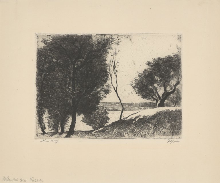 Auf diesem Bild ist das folgende Kunstwerk zu sehen: Lesser Ury. „Baumbestandenes Ufer am märkischen See“. 1919.