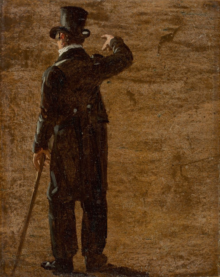 Auf diesem Bild ist das folgende Kunstwerk zu sehen: Johan Christian Clausen Dahl. Rückenfigurstudie (Portrait des Kronprinzen Christian Frederik von Dänemark in Neapel?). 1821.
